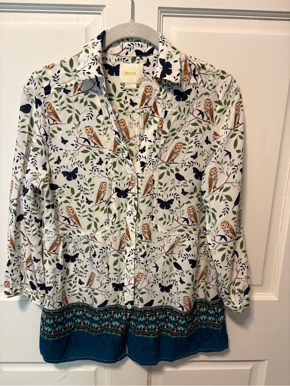 Maeve Anthropologie woodland walk owl collar button up top blouse 4 s small - Picture 2 of 6